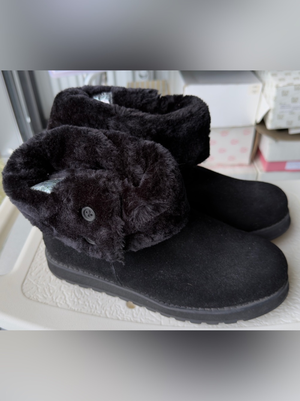 Skechers Black Faux-Fur Fold-Over Winter Boots New